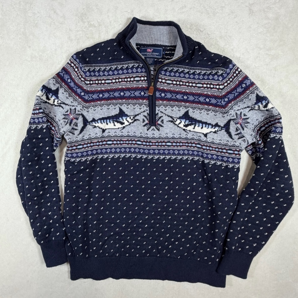 Vineyard Vines Medium Nautical Swordfish Fair Isle Navy Quarter Zip Sweater